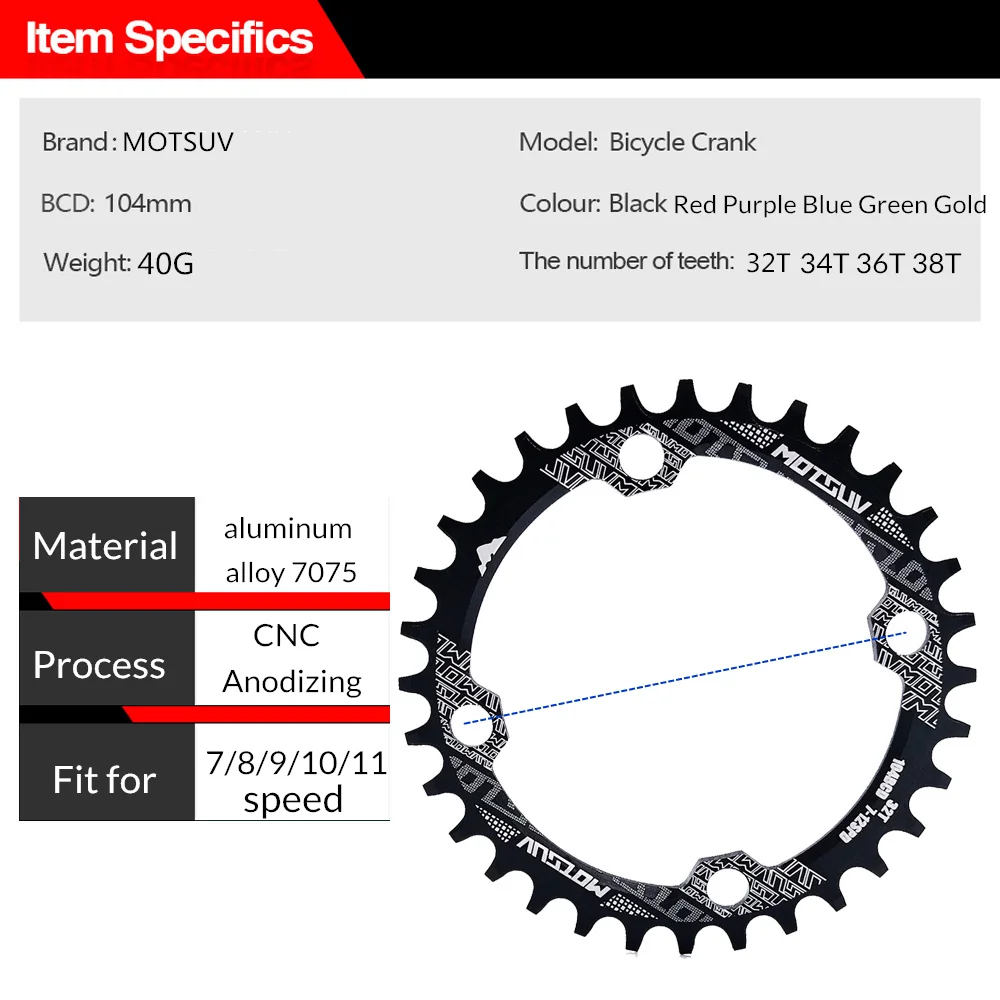 MOTSUV Oval Round Bicycle Crank & Chainwheel 104BCD Wide Narrow Chainring 32T/34T/36T/38T Crankset MTB Bike Bicycle Parts