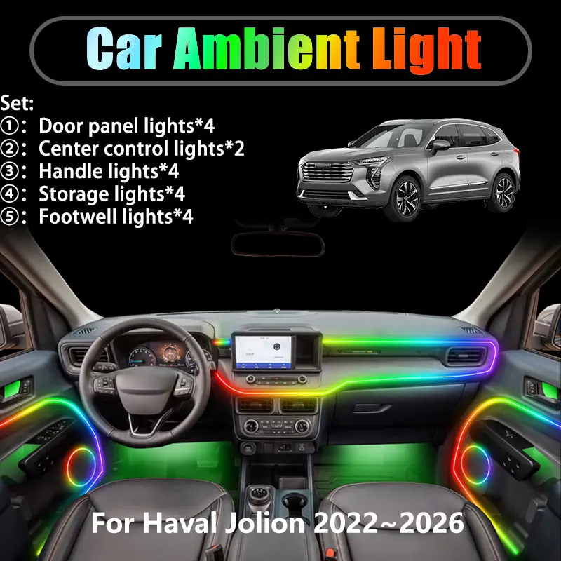 

Для Haval Jolion 2022 ~ 2026 Great Wall SUV 2/18 в 1 Автомобильное окружающее освещение Светодиодные фонари для интерьера багажника USB RGB Ensemble Streamer