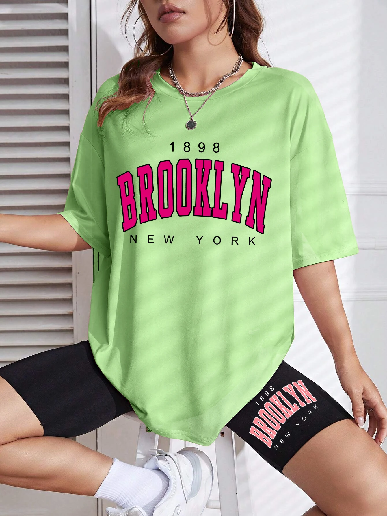 1898 Brooklyn New York Letter Print T-Shirts Set Women Fashion Casual 2 Piece Set Street Casual Shorts Cotton Breathable Tshirts