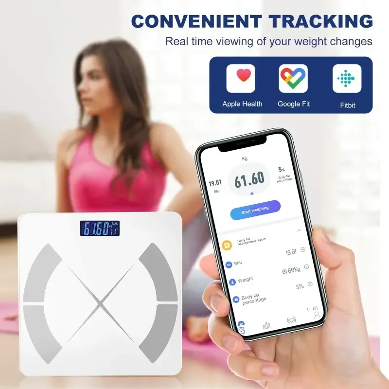 Inteligentna waga, cyfrowa waga łazienkowa, waga do pomiaru BMI i tkanki tłuszczowej, z aplikacją na smartfona.