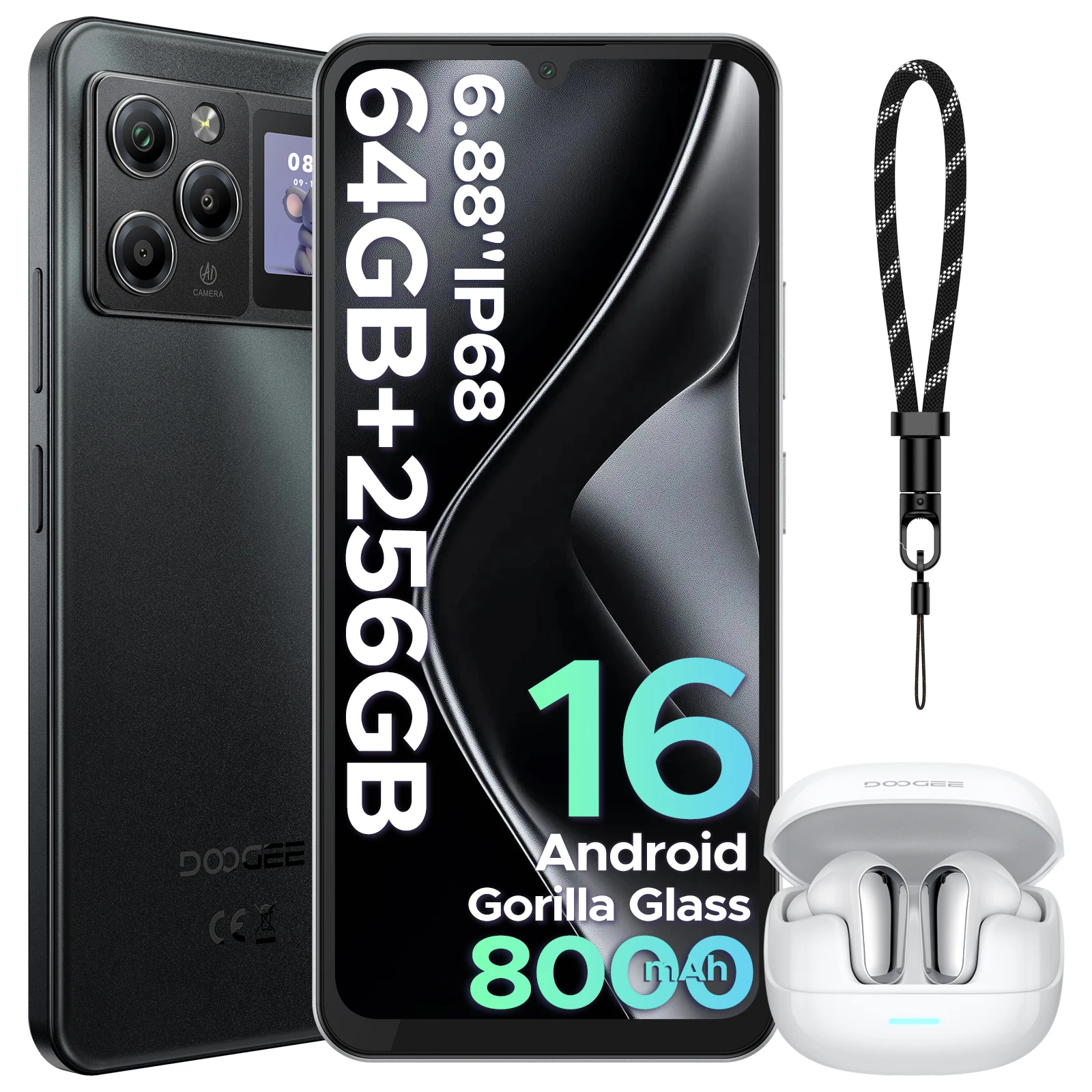 DOOGEE M30 Pro Smartphone 6.88" Display 8000mAh Battery 1.3'' Rear Display 64GB(8+56) 256GB 64MP Camera Android 16 Cell Phone