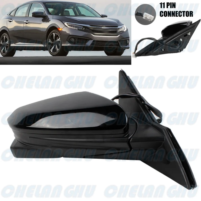 For Honda Civic Sedan 2016 2017 2018 2019 2020 2021 Right Side 11 Pins Black Painted Mirror Assembly With Power Fold Camera