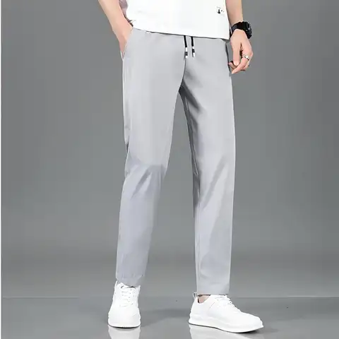Pantalon d'été en soie glacée, taille droite élastique, noir et gris, respirant, Simple, vêtements pour hommes, costume décontracté, nouvelle collection