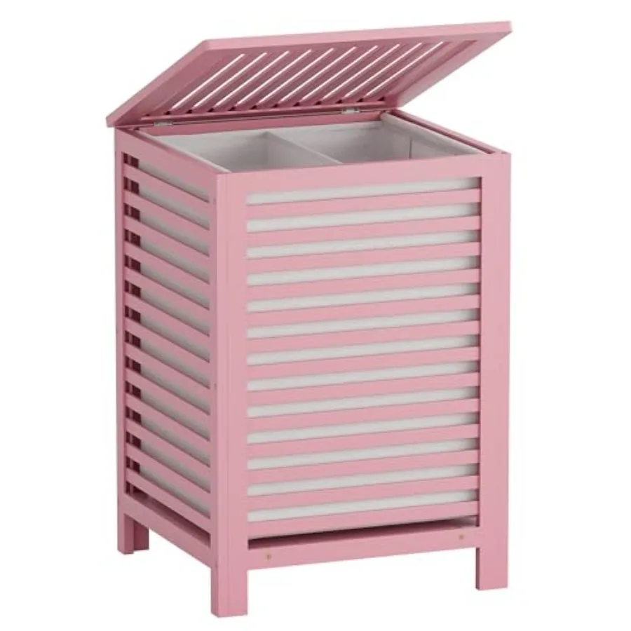 Laundry room, bathroom, bedroom use: bamboo double laundry hamper with lid, pink, 120L capacity, 2-section divider, removable l