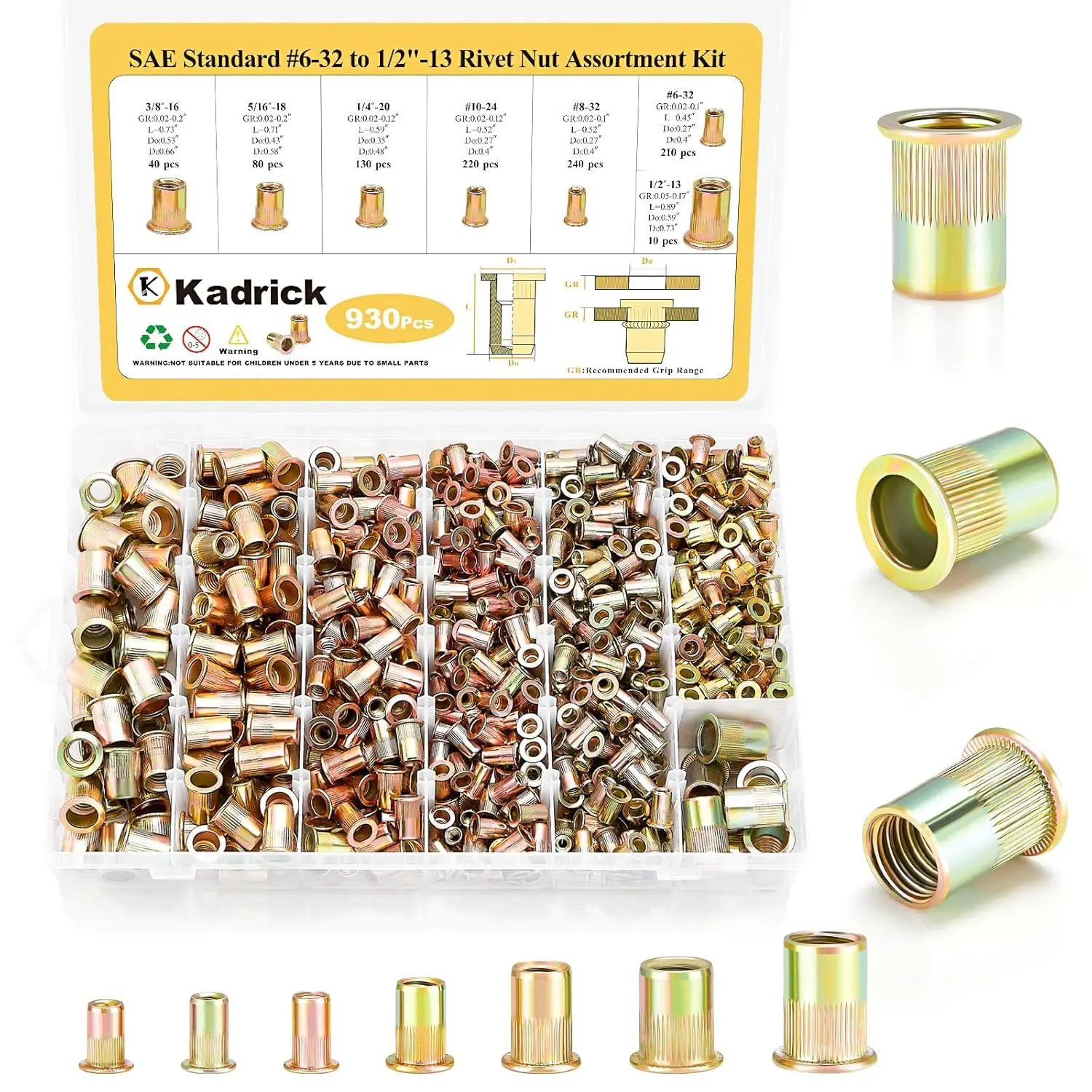 

930pcs Rivet Nut Assortment Kit, Galvanized Carbon Steel Flat Head Threaded Insert Nuts, Sizes 6-32 to 1/2''-13