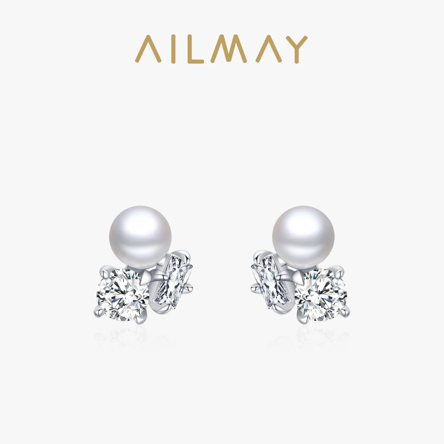 Ailmay Top Quality 925 Sterling Silver Simple Cubic Zirconia Round Pearl Stud Earrings For Women Girls Anti-allergy Fine Jewelry