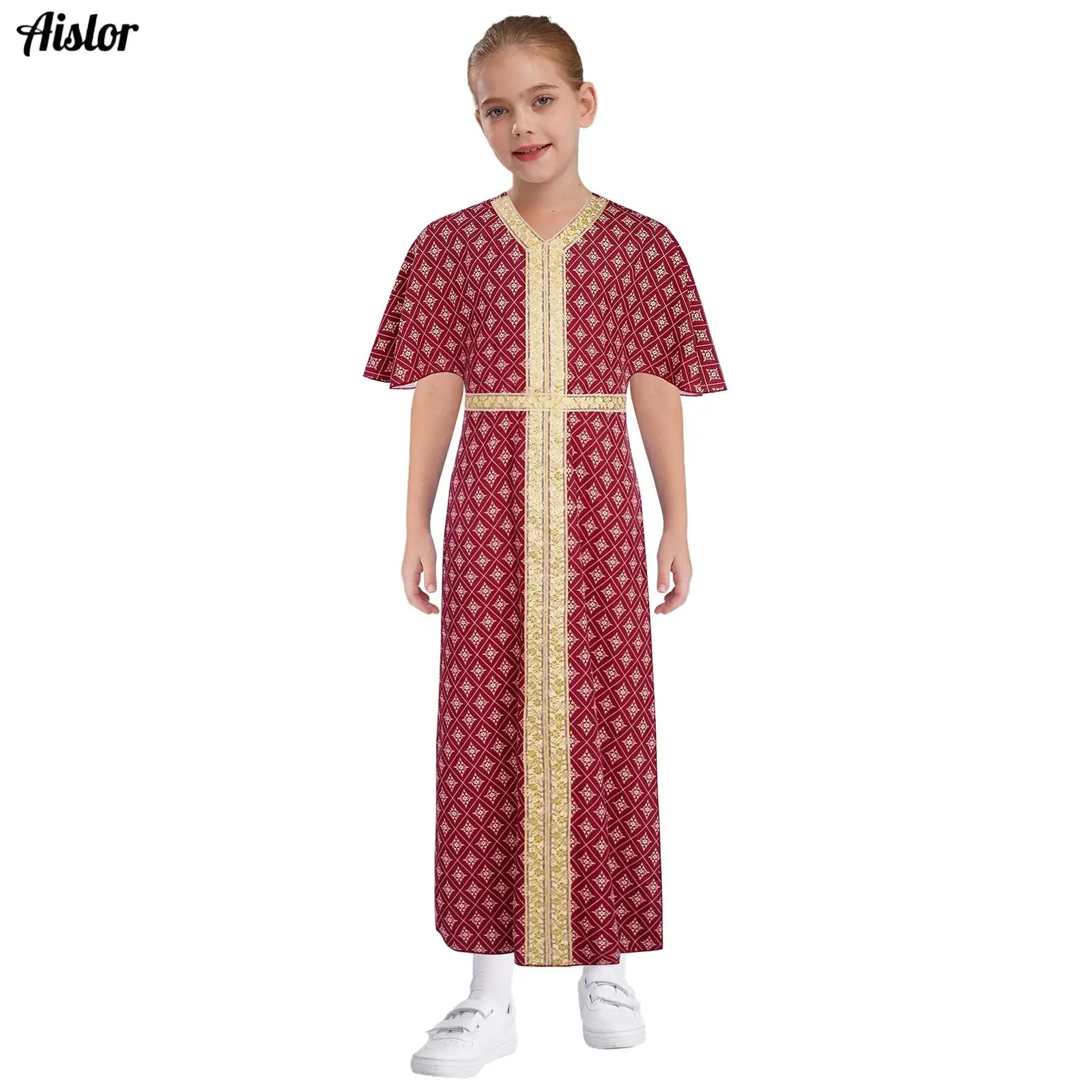 

Kids Girls Dress Indian Clothing Embroidery Trimming Floral Print Side Split Tunic with Belt for Halloween Role Play Theme Party