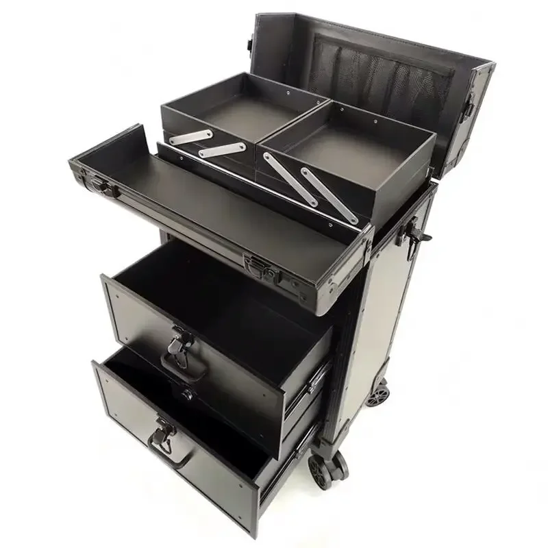 Makeup Storage Box Beauty Artist Suit Luxury Aluminum Rolling Wheel Barber Toolbox Vintage Manicure Embroidery Trolley