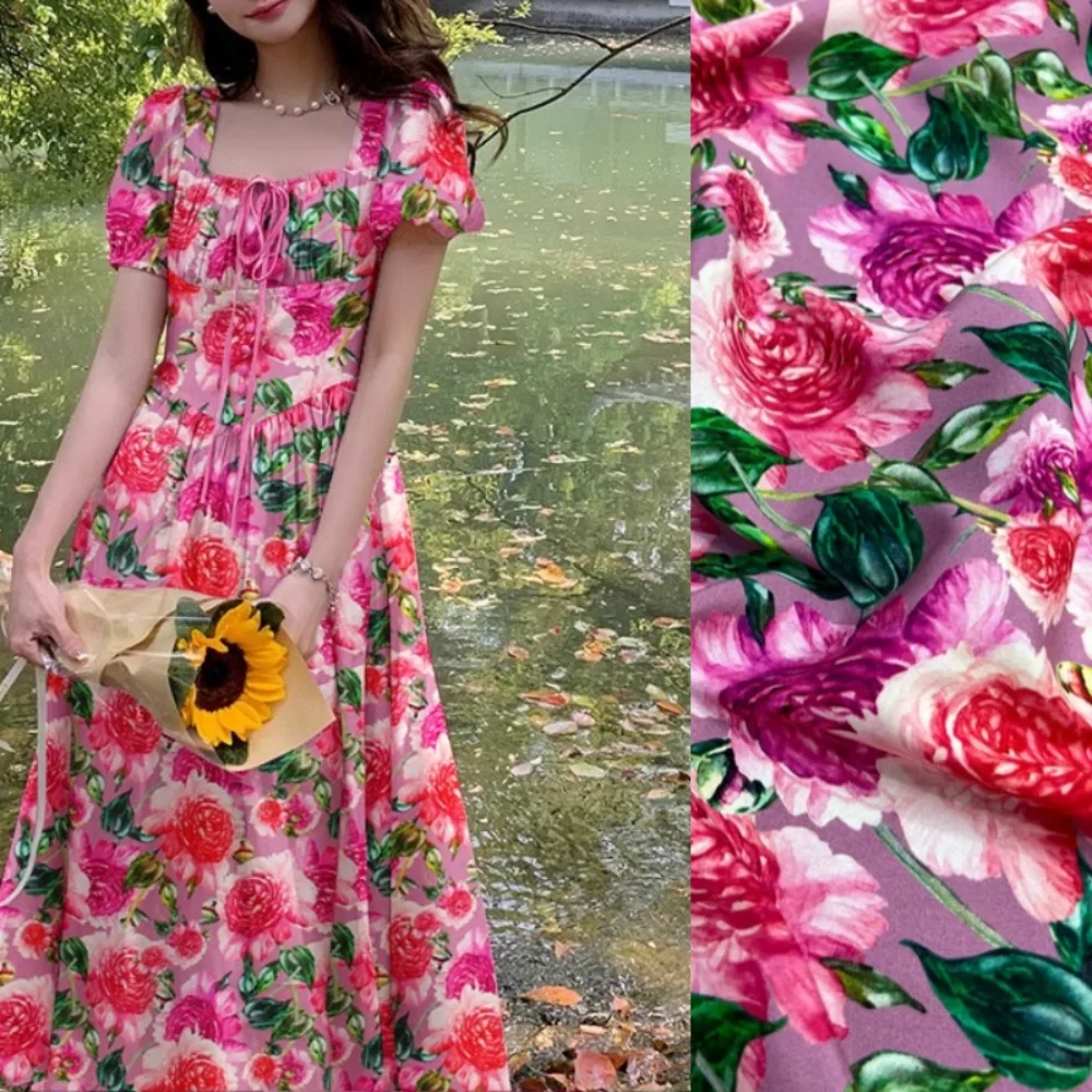 

Шелковый эластичный крепдешин Широкая ткань Весна Лето Платье-рубашка Бегония Цветок Градиент Печать Окрашенные ткани по метрам