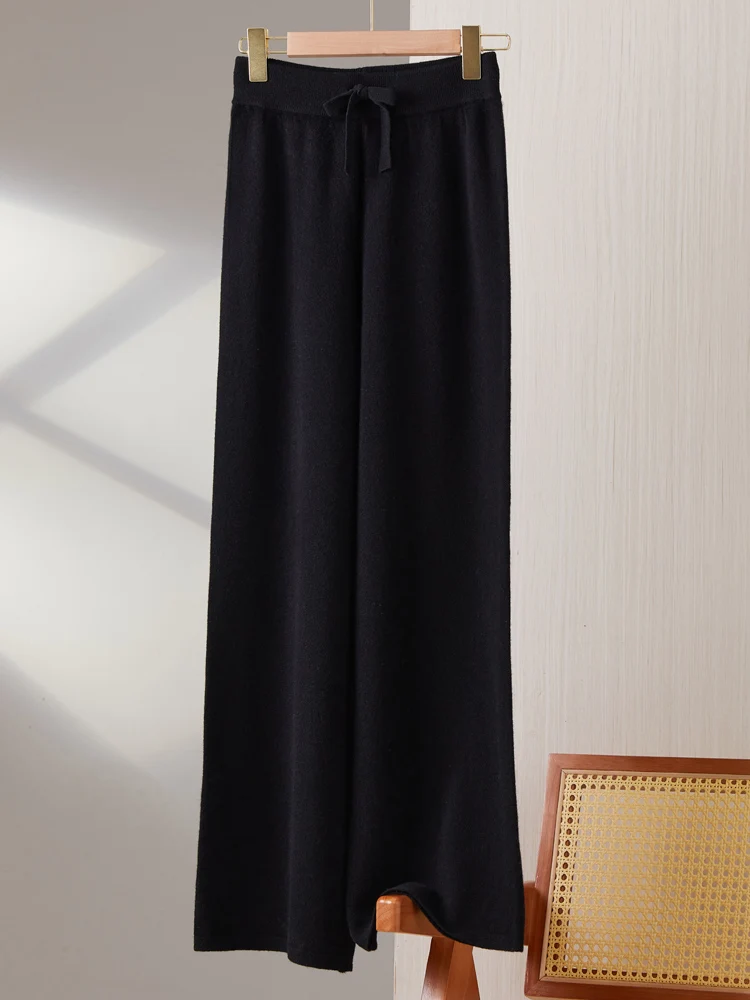 2025New Women100%Merino الصوف محبوك بنطال ذو قصة أرجل واسعة الخريف الشتاء الأساسية لينة الدافئة الكشمير متماسكة بنطلون نمط الرباط عادية #5