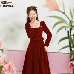 New Year Christmas Chic Elegant Annual Meeting Bride Red Dress Women Square Neck French Design Long Velvet Dresses Vestidos