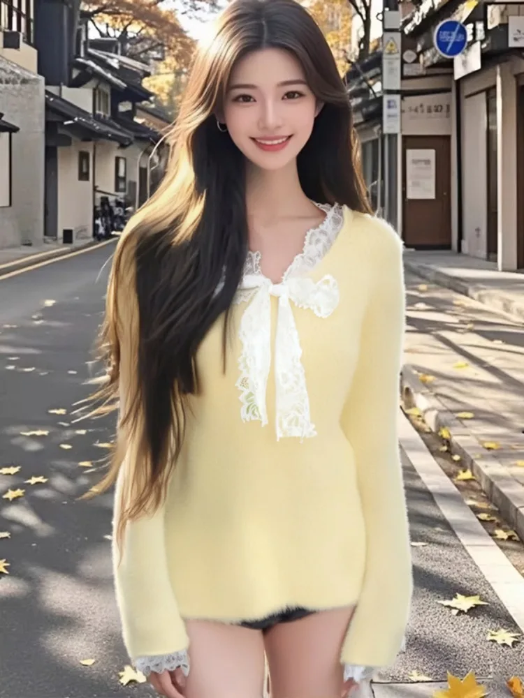 

Весенне-осенний свободный женский вязаный свитер из искусственной норки, бархатная кружевная отделка ярких цветов, нежный Sle Boting irt, корейский Sle