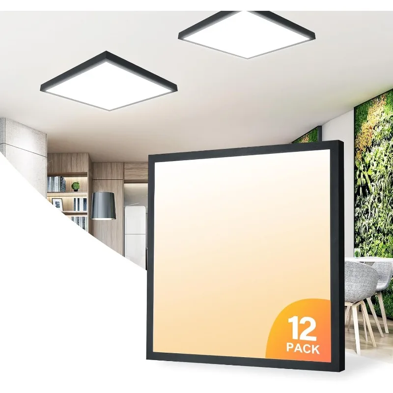 12-Pack Black 2x2 FT LED Flush Mount Panel Light 5000K 4000K 3000K Selectable & Dimmable, Square Surface Mount led Ceiling Light