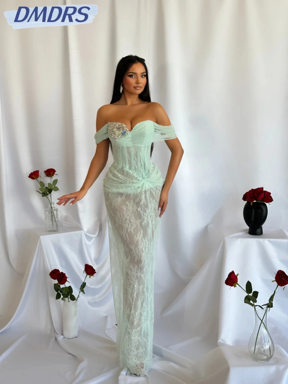 

Mini Green Illusion Baeded Lace Evening Dress Graceful Straight Off Shoulder Long Wedding Party Gown Customized Prom Dresses