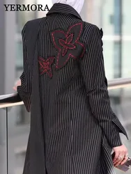 YERMORA Women Striped Back Flower Irregular Ribbon Trench Lapel Long Sleeve Fashion Tide Windbreaker Spring Autumn 2025 New A126