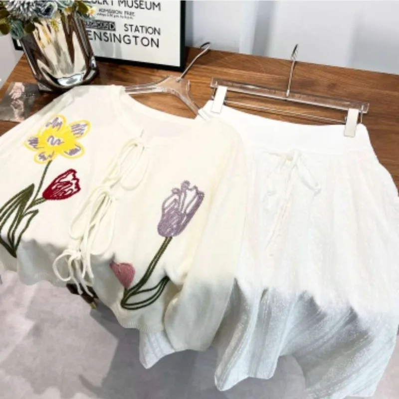 

Blouse Knit Jumper Knitted Cardigan Outerwear Autumn Women's Korean-inspired Colourful Embroidered Floral Tie-front Versatile