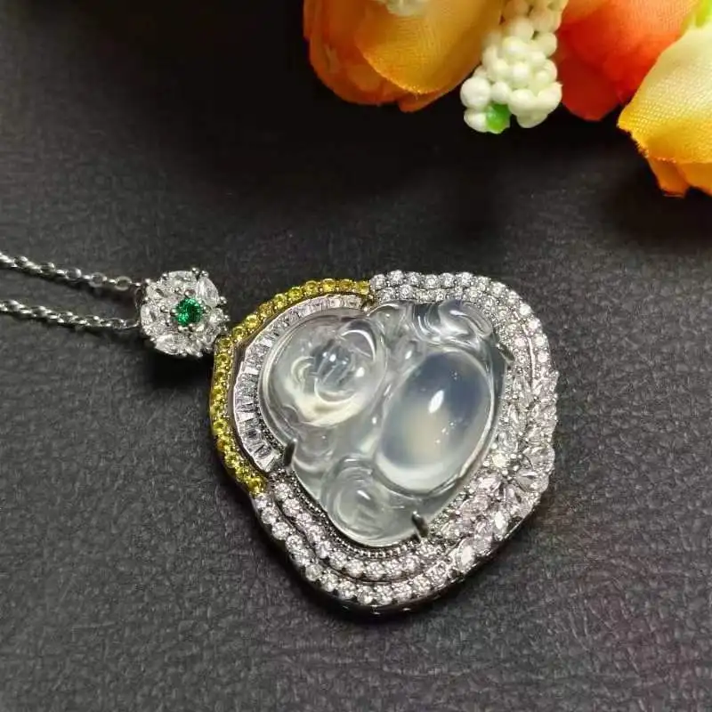 Ice Type Jade Marrow Buddha Necklace for Women Set with Big Belly Maitreya Buddha Pendant, Chinese Style Surrounded with Diamond