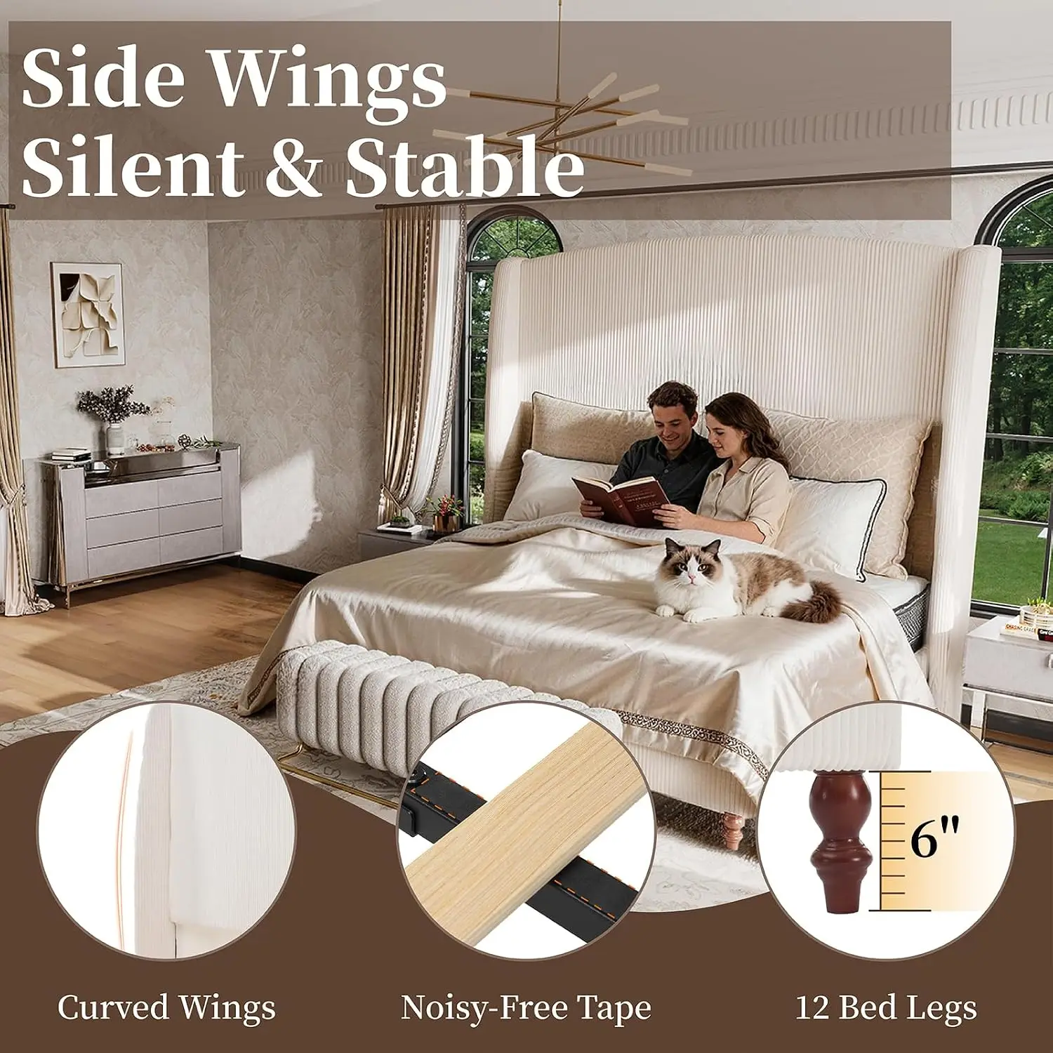 Extra Tall King Bed Frame Wingback Headboard Cream, Customized