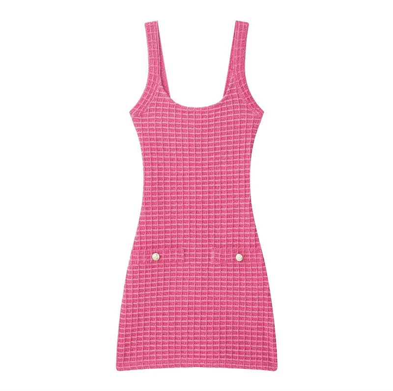 Women's Knit Dress with Checkerboard Pattern, Square Neck Sleeveless A-Line Midi Dress with Pearl Buttons, Casual Dress