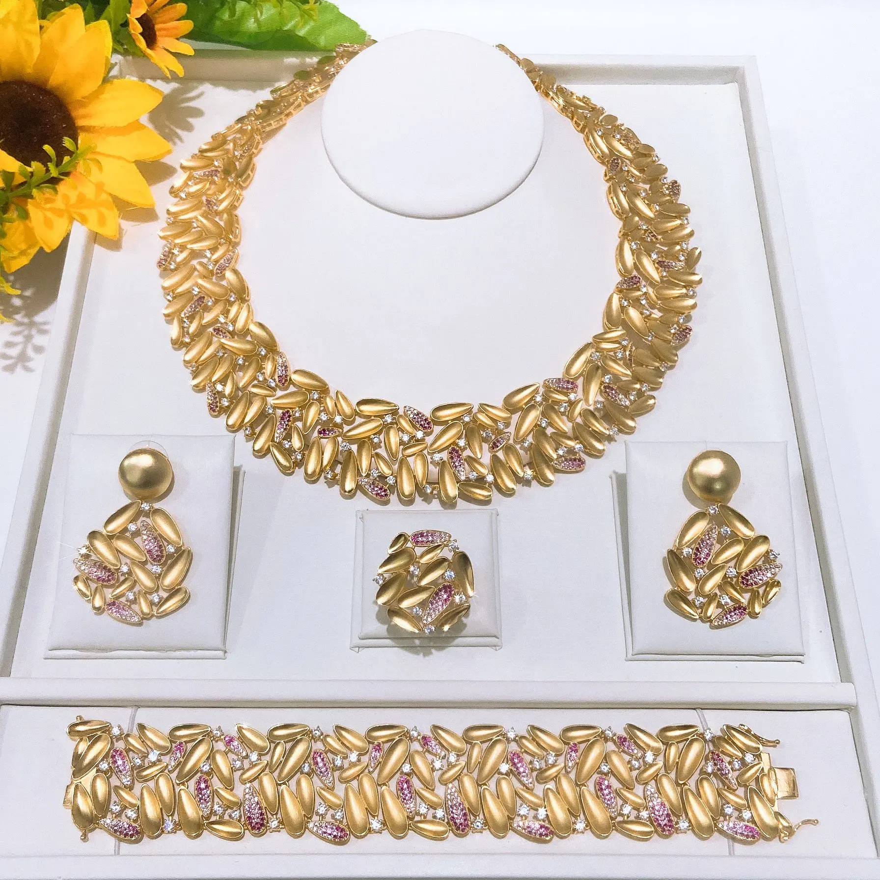 Yulaili Shiny Sunflower Seeds Shape American Pink Zirconia Jewelry Set Luxury Necklace Bracelet Earrings Ring Set For Wedding
