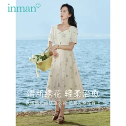 INMAN Women Dress 2023 Summer Puff Sleeve Lace Heart-shaped Neck A-shaped Slim Waist Flower Print Artistic Apricot Long Skirt