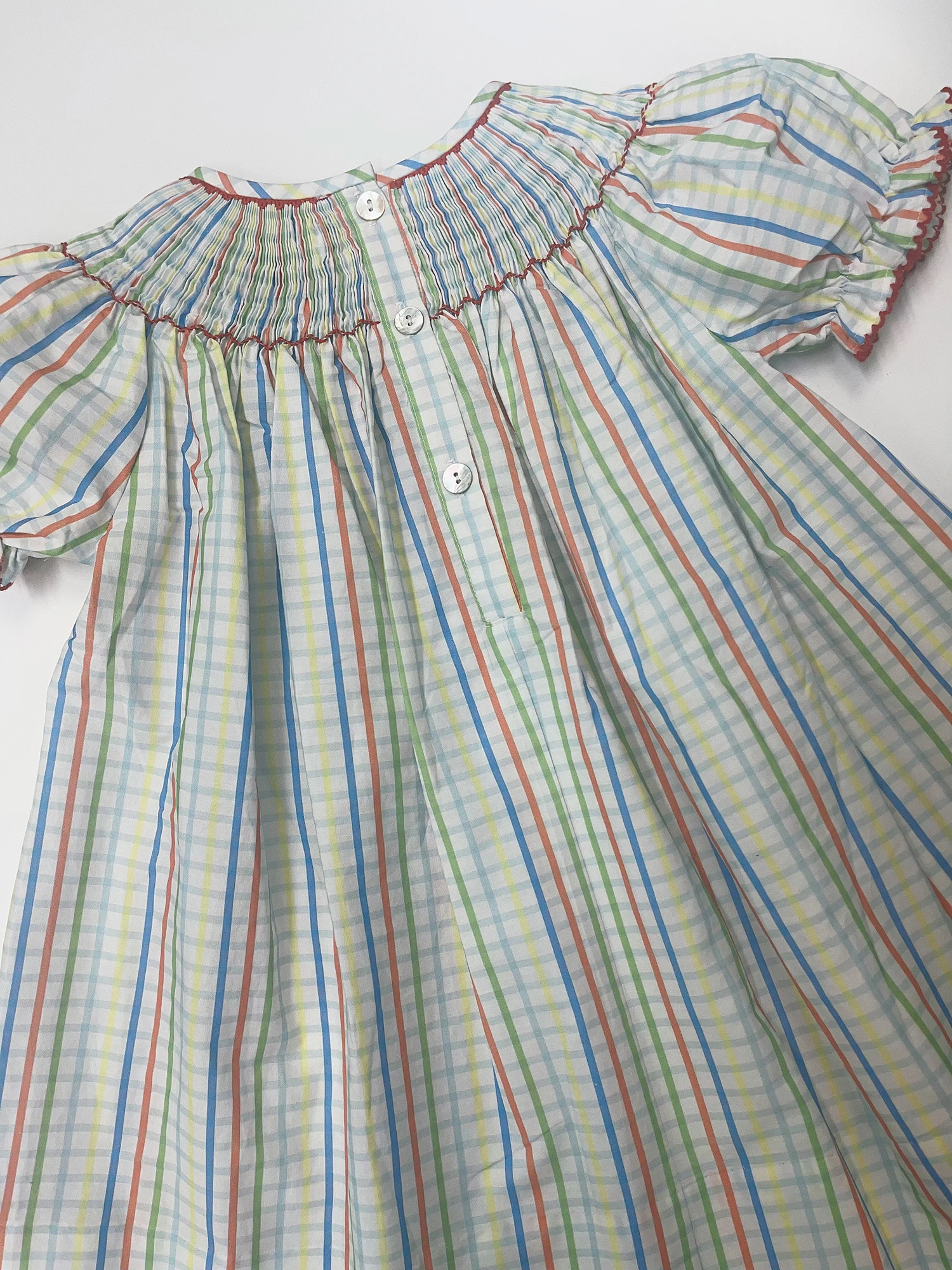 Summer Girls Handmade Smocking Skipping Girls Cotton Color Striped Dress Super Cute Plaid Casual Puff Sleeve Skirt