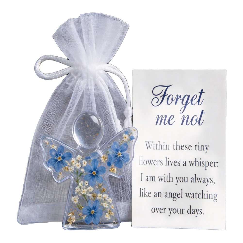 Symbolic Memorial Angel with Preserved Forget-Me-Not Blooms Comfort Keepsake for Grief Remembrance 7cm Size Plastic