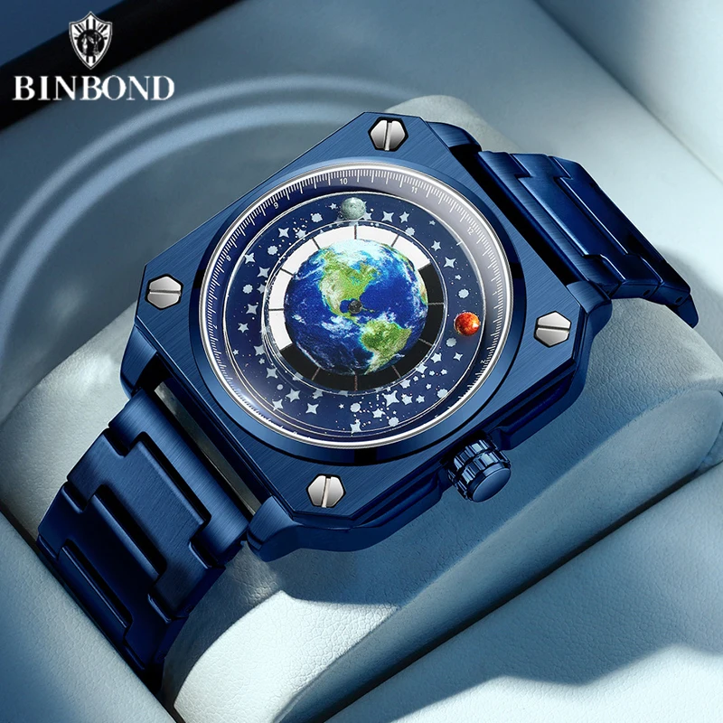 BINBOND New Concept Wandering Earth Pattern Men's Watch Square Blue Planet Rotating Stainless Steel Waterproof Quartz Men Watch