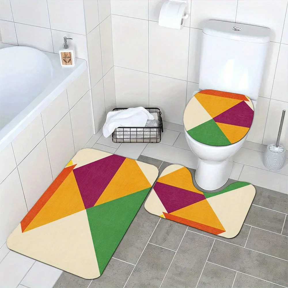 3 Piece Bathroom Mat Set Floor Rug Toilet Mat and Slippers Modern Geometric Design Home Decor Accessory