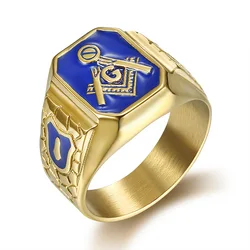 ULJ Vintage Gold Blue Color Side for Men's Jewelry Freemason Symbol G Templar Freemasonry Male Stainless Steel Rings