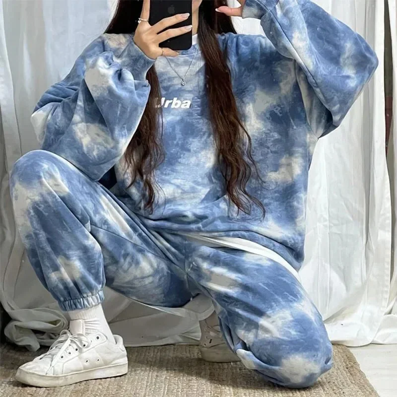 Women Clothing Set Tie Dye 2024 Spring Autumn Casual Sportswear Long Sweatshirt+Pants 2Pcs Suit Female Fashion Streetwear