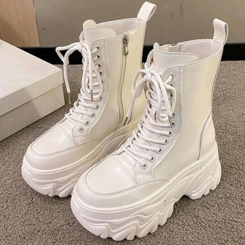 Chunky Heels Motorcycle Boots 2023Women Autumn Winter White Black Thick Platform Ankle Boots Woman Lace-Up Non-Slip Combat Botas