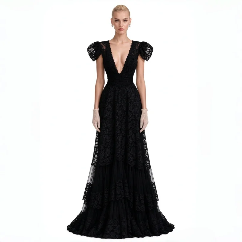 White Sexy Lace Wedding Dress Deep V Neck Tiered A Line Bridal Gowns Women Elegant Short Sleeves Bride Dresses Customized