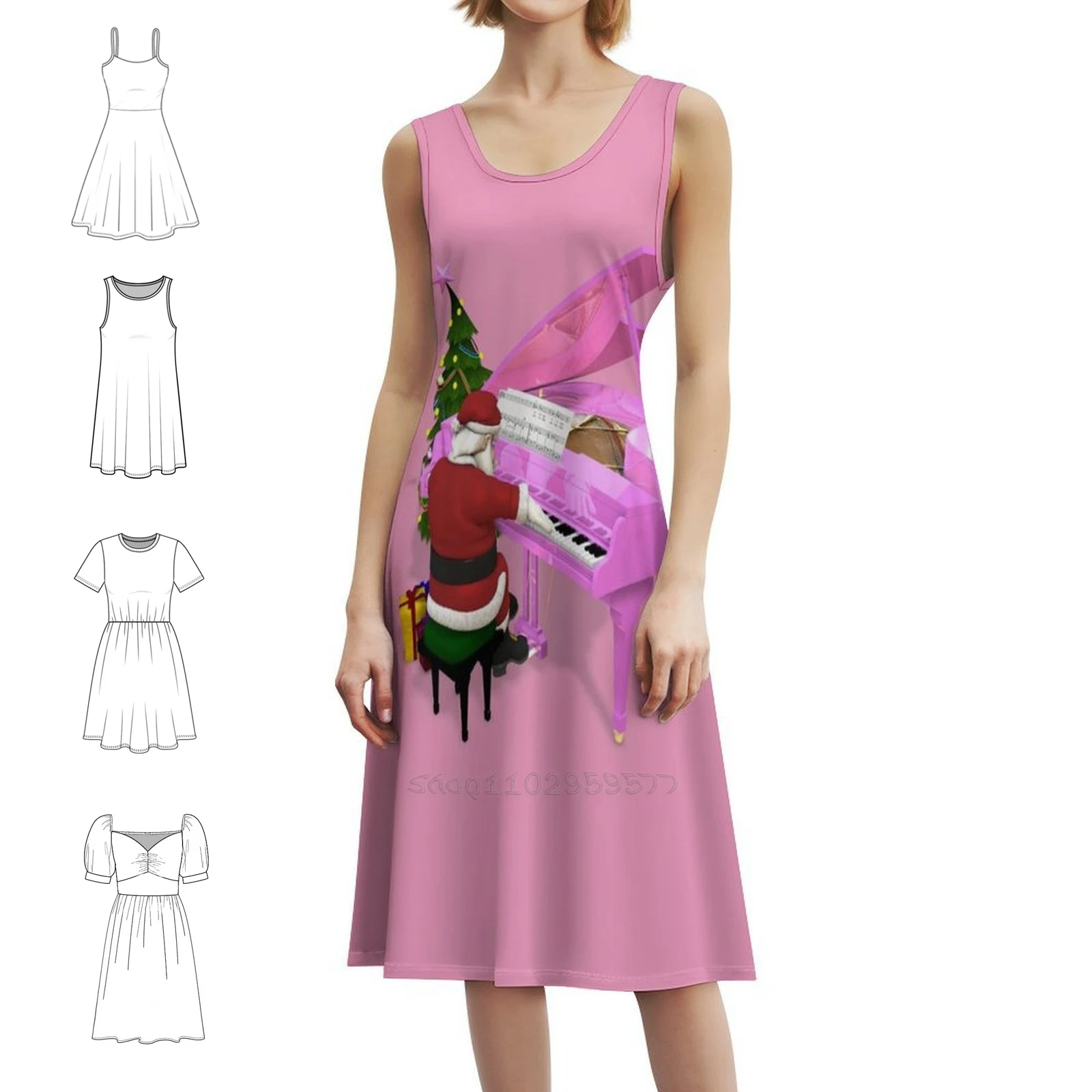 

Санта-пользовательское розовое богемное платье без рукавов с несколькими принтами, пляжное праздничное платье для отдыха, фортепиано, пианист, клавиатура, инструмент