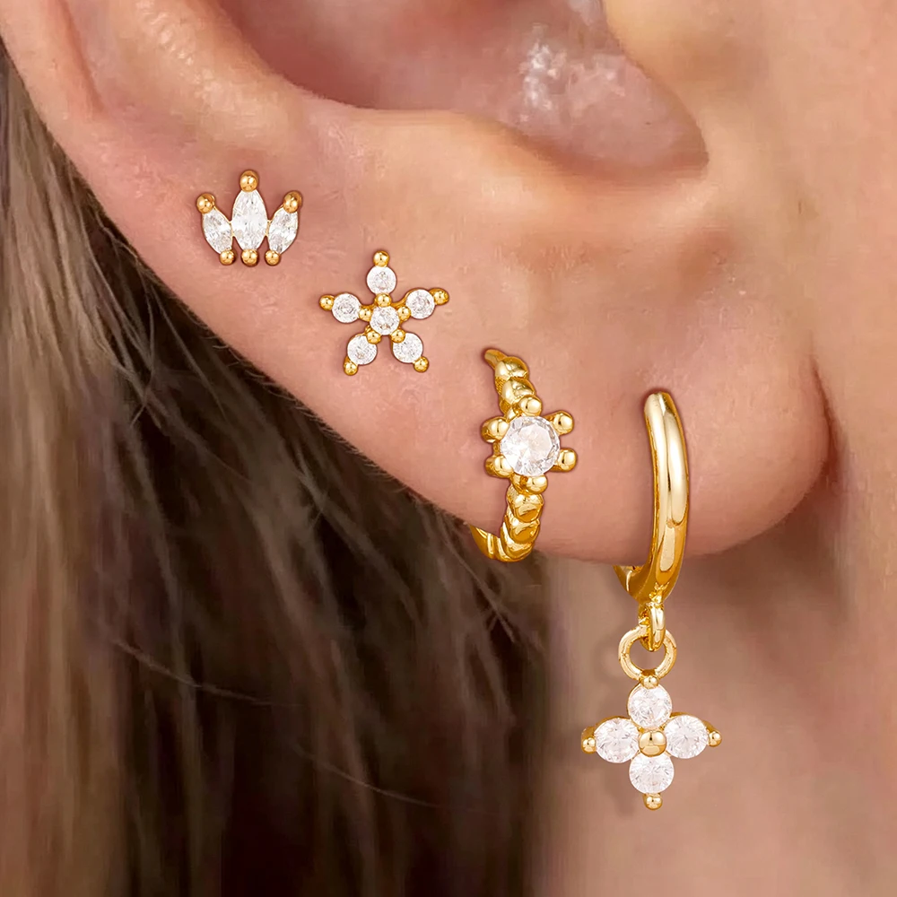 4-teiliges/8-teiliges exquisites Zirkon-Blumen-Ohrring-Set für Damen, Edelstahl-Kronen-Ohrstecker, modischer Schmuck für den täglichen Gebrauch.