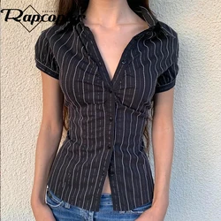 Rapcopter y2k Striped T Shirt Button Vintage Grunge Gothic Crop Top Women Vintage Short Sleeve Summer Tee Korean Grunge Outfits