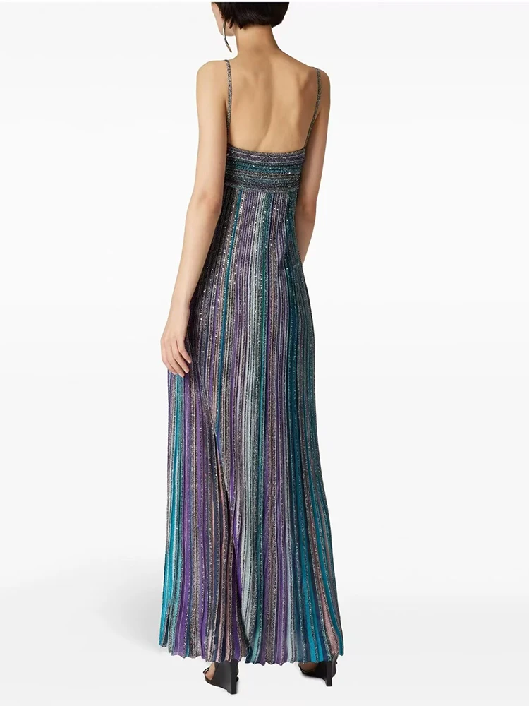 Kolorowa plisowana sukienka w paski w stylu wakacyjnym rozciągliwa, wąska, bez rękawów, wiązana na szyi sukienki damskie 2025 lato nowość