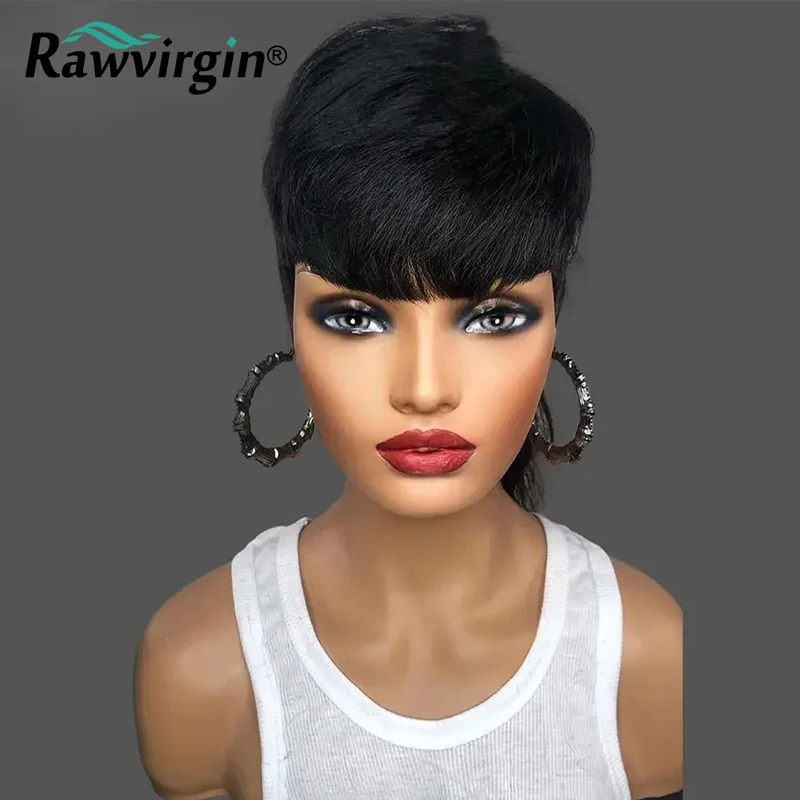 

Brazilian Straight 100% Remy Human Hair Wigs For Women Ready To Wear Short Pixie Cut Full Machine Made Mullet Wig With Bangs