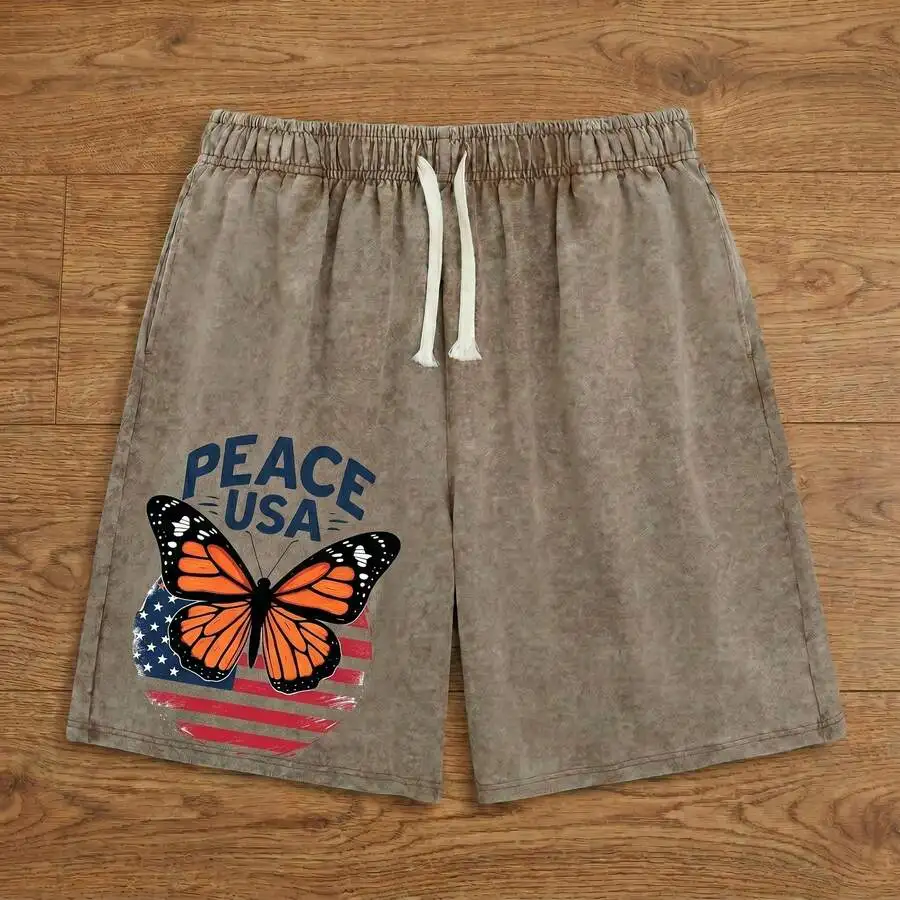 

Mens Washed Cotton Relaxed Casual Shorts With Peace USA Butterfly Print