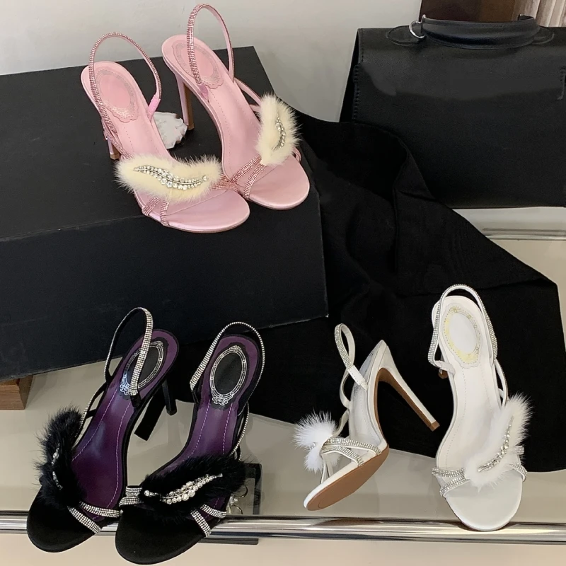 

New Summer Women's High Heels: Chic, Sexy, Open-Toe Sandals Featuring Mink Fur, Rhinestones, and a Single-Strap Design