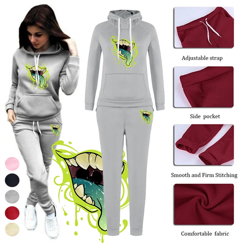 

Женский спортивный костюм на осень/зиму, брюки с капюшоном, комплект из двух предметов с ядовитыми губами и принтом на языке — модный комплект женской одежды