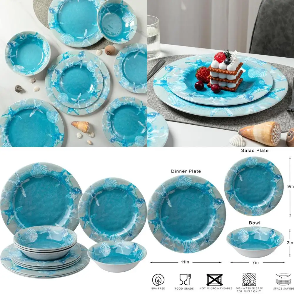 

12 PCS Melamine Dinnerware set, Unbreakable al Plates and Bowls Set, Lightweight Chip Resistant Oceanic Dishes Set, Service or 4