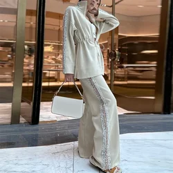 Autumn Winter Sequin Zipper Jacket Wide Leg Pants Set Women's Sparkling Casual Contrasting Color Elegant Comfortable 2 piece set