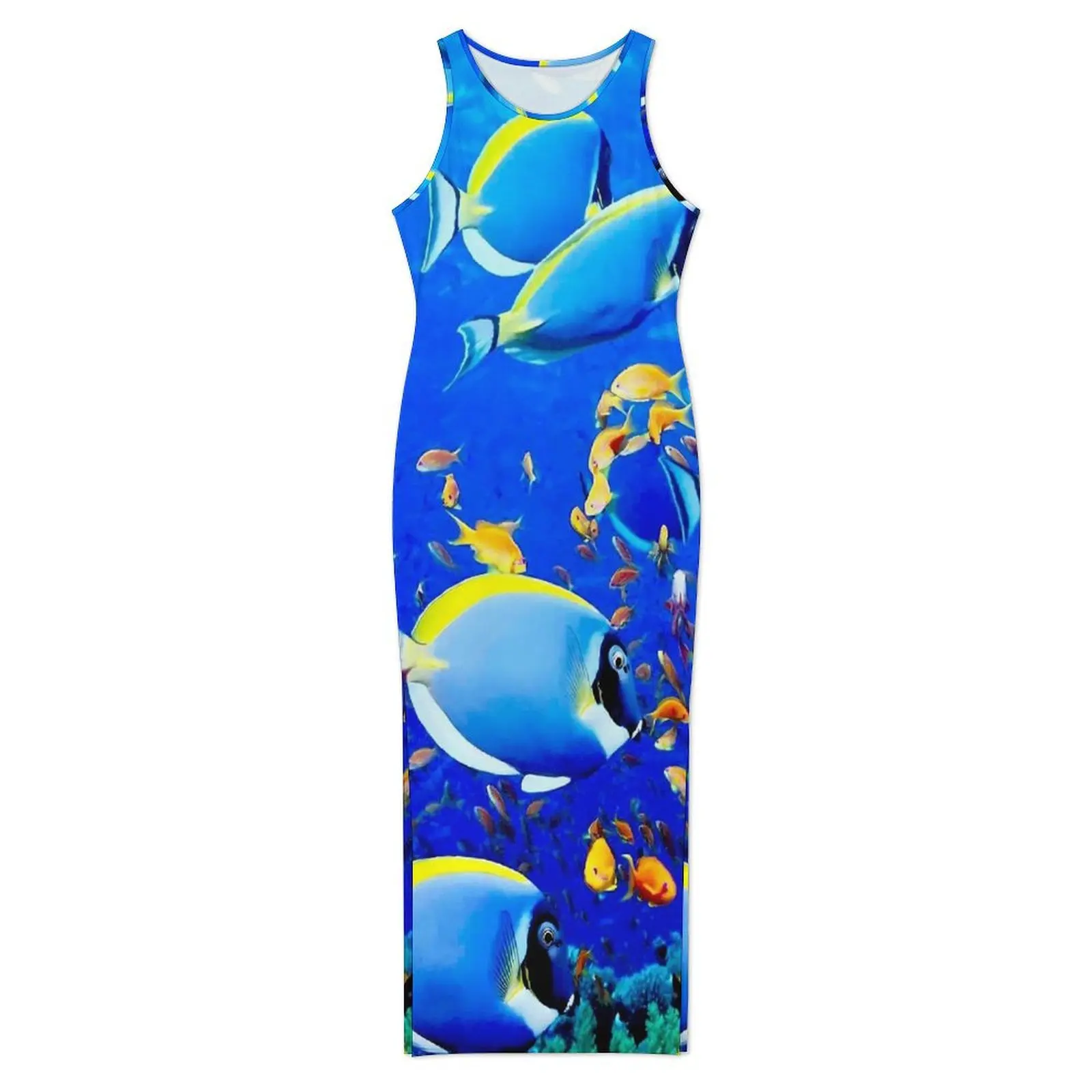 Feminino tropical marinho vestido colorido peixe impressão bodycon vestido primavera sem mangas clube sexy maxi vestidos personalizados de grandes dimensões