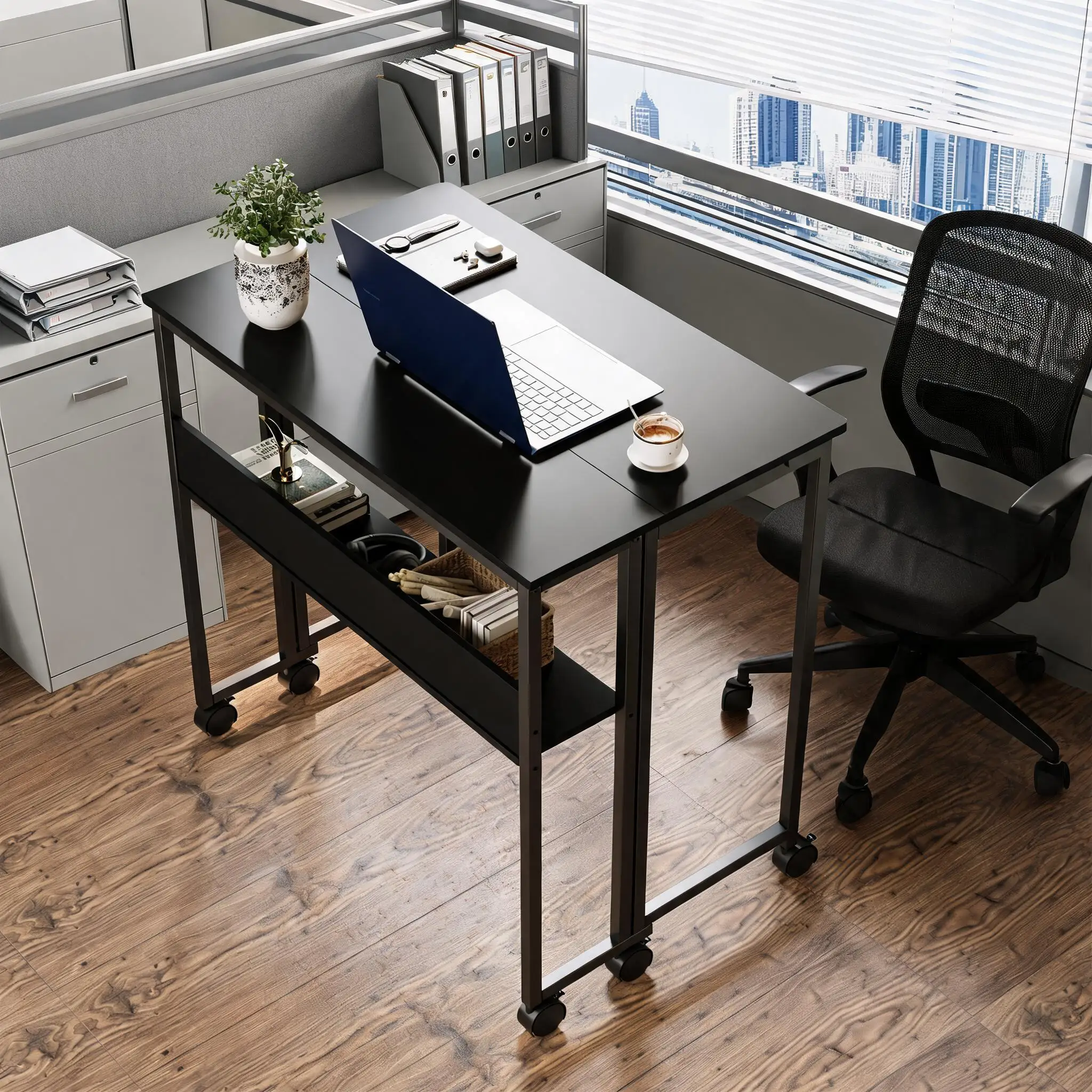 Compact, Foldable Desk with Shelf and Wheels – Height Adjustable, Ergonomic, Sturdy Iron Frame & Particle Board – Flexible for Home Office, Bedroom, Student Dorm – Easy Assembly