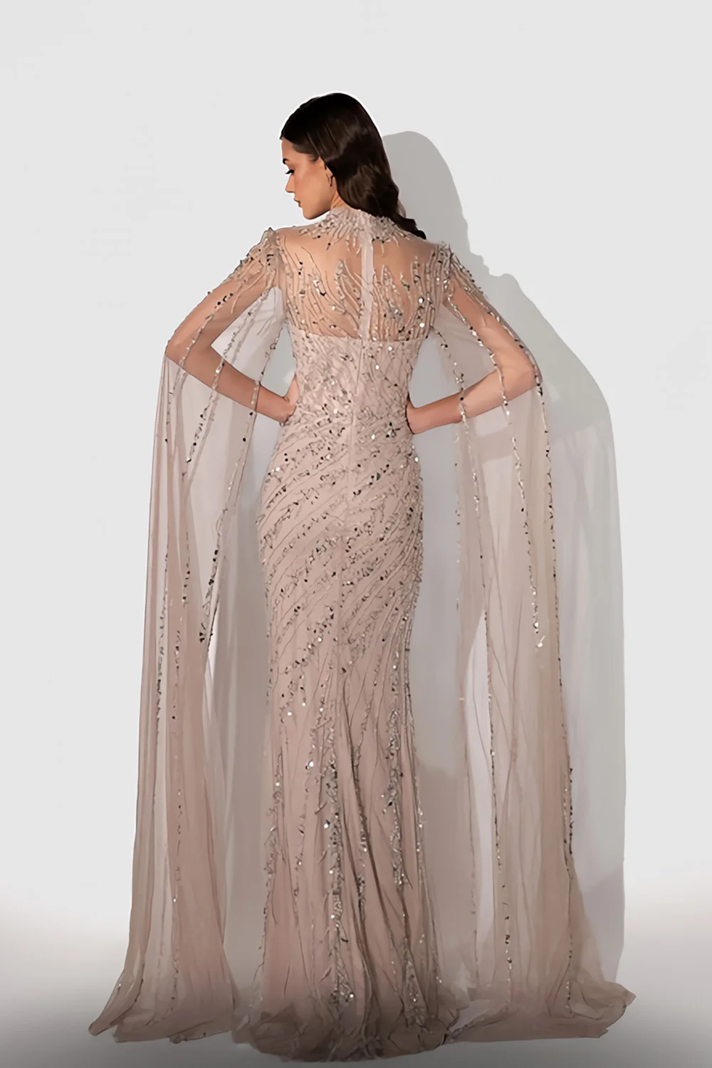 YQLNNE Muslim Black Nude Evening Dresses Long High Neck Cape Tulle Crystals Beaded Sequins Formal Evening GownMermaid