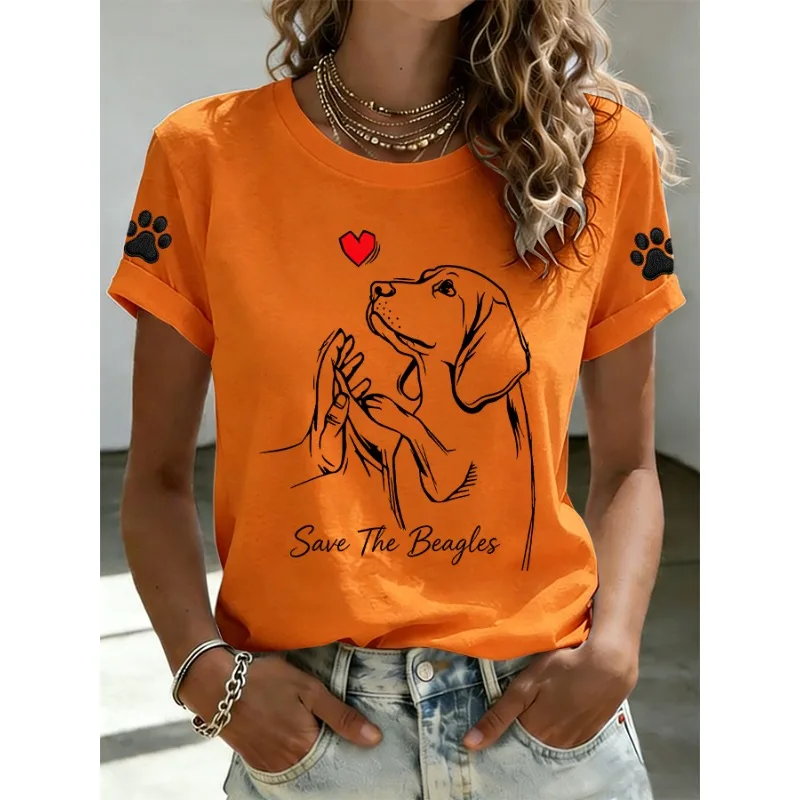 ilstile Women's Save The Beagles Print T-Shirts Summer Short Sleeve T Shirt Casual Tops White Black Orange Tees Hot Sale
