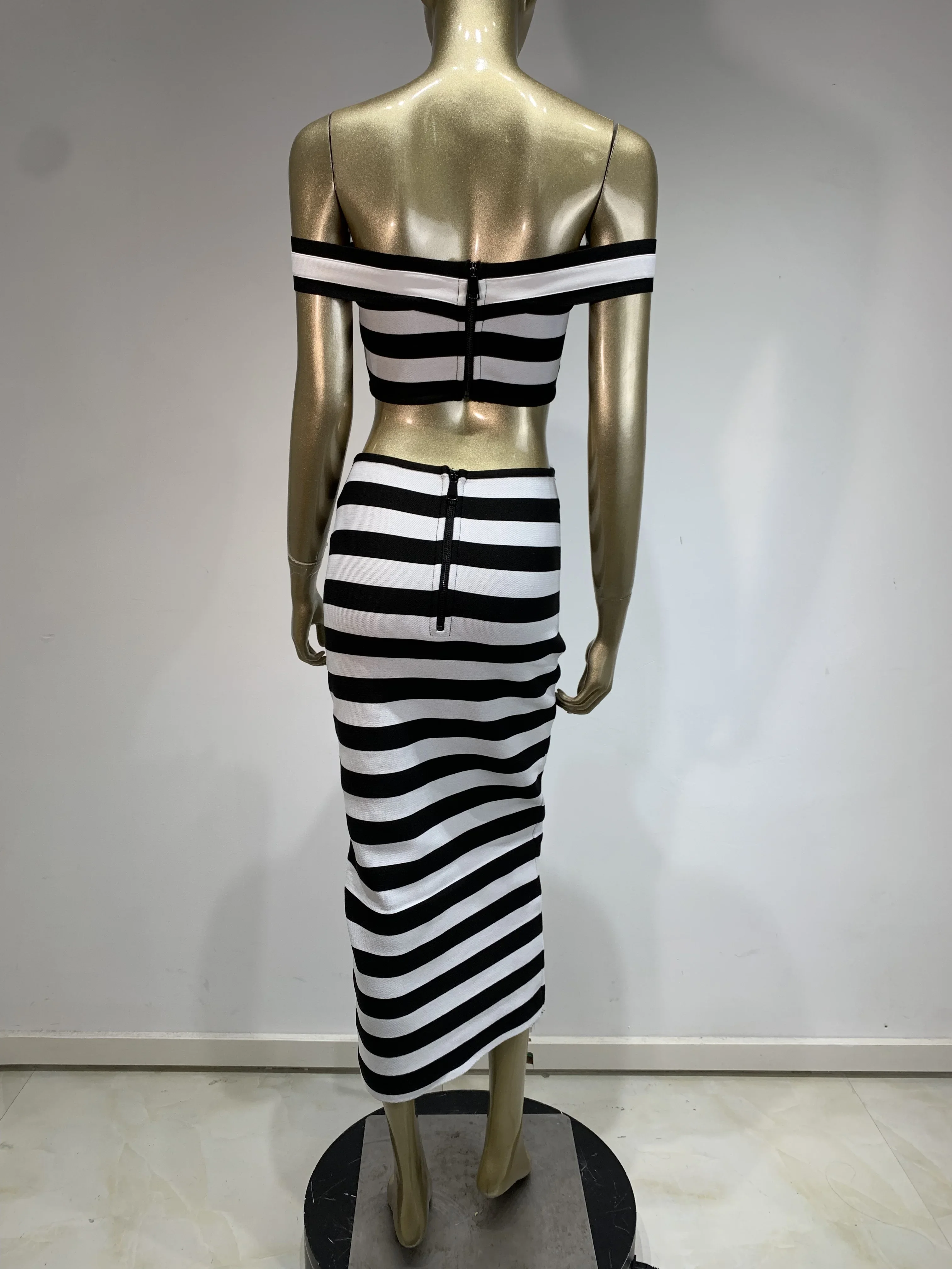 2024 New Designer Women Bandage Skirts Sets Stripe Off Shoulder Crop Top and Long Skirt Two Piece Sets High Street Party Outfits