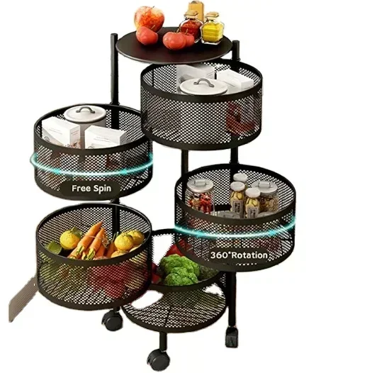 Kitchen Storage Round Rotating Trolley,Fruit Vegetable Floor Shelve Installation-free Racks,Multi-storey Snack Flavoring Basket