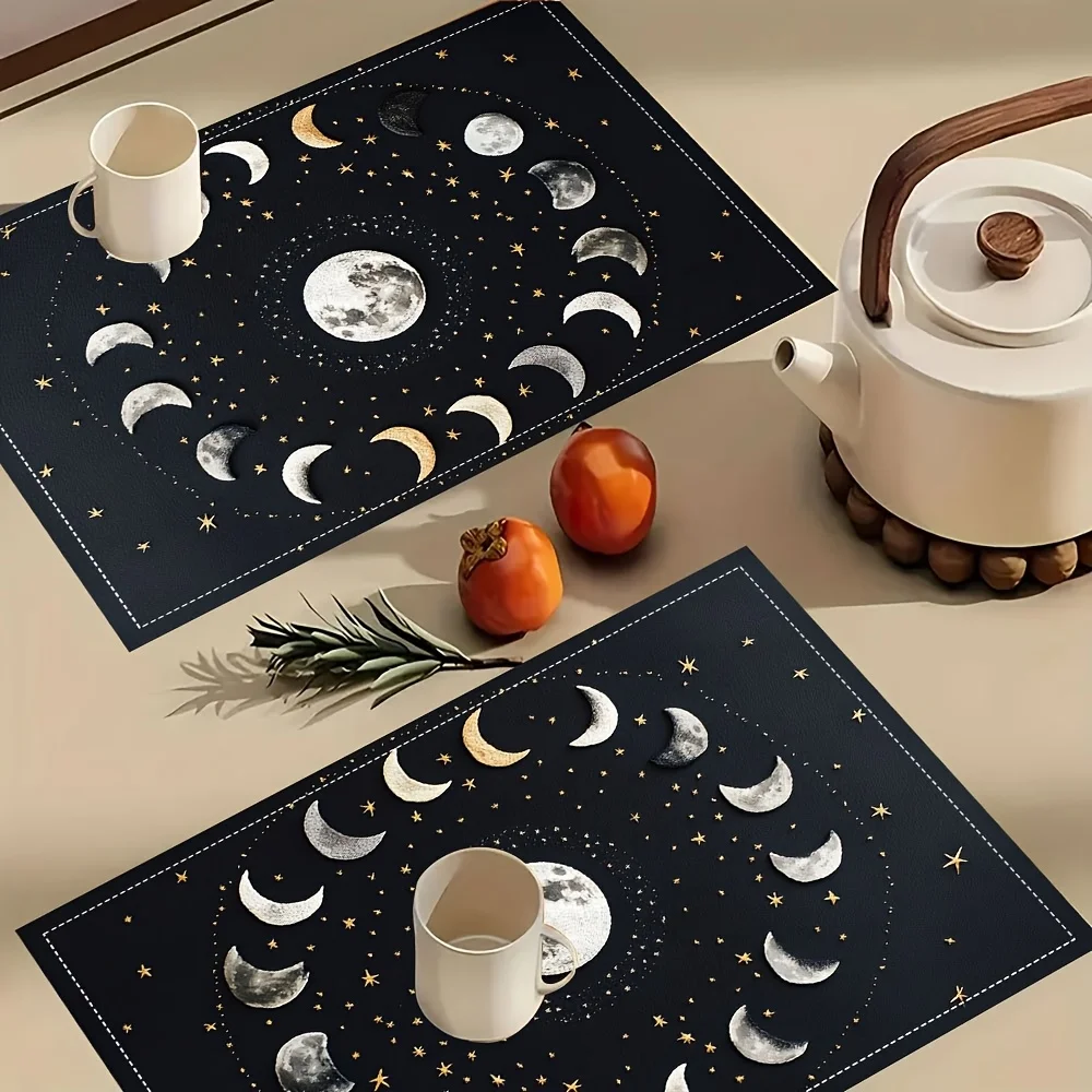 Moon Phase Placemats Set Of 4 Black Gold Starry Sky Design Washable Table Mats For Dining Kitchen Decor 2D Flat